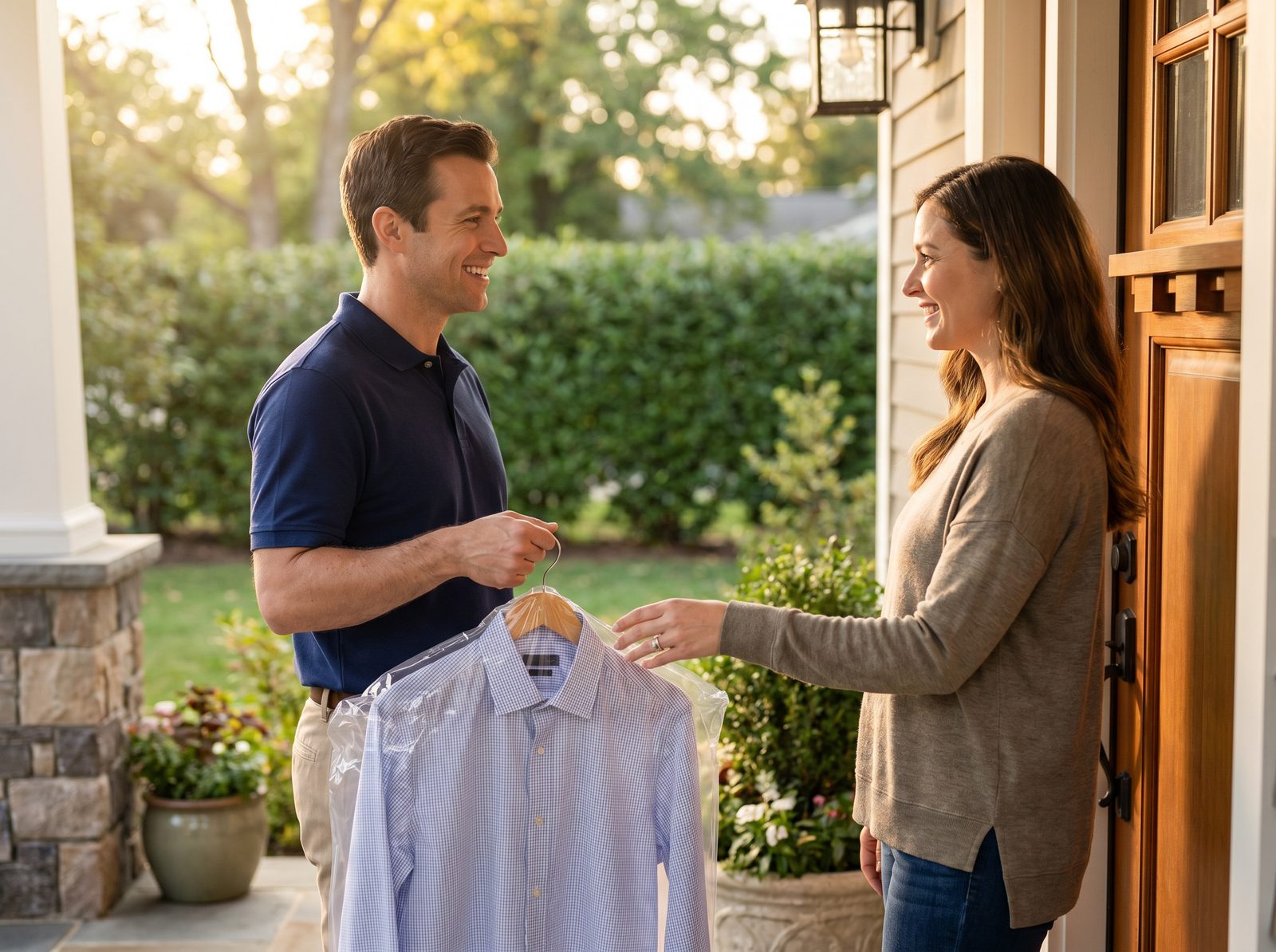 A Fresh & Clean driver handing a freshly pressed dress shirt to a customer at her front door